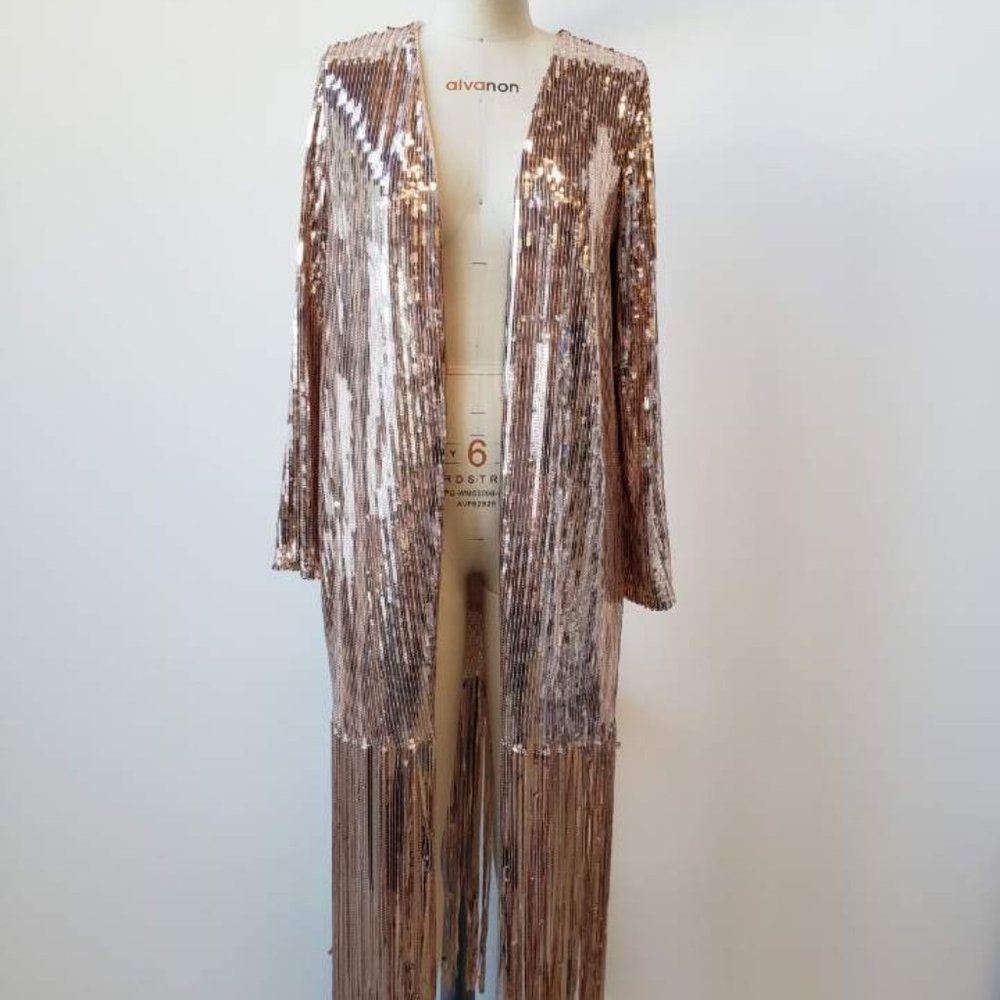 SEQUIN TASSEL LONG CARDI - Rose Gold